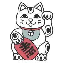 Schwarze Comic-Katze mit rot gerandeter Brille, die ein pinkfarbenes rechteckiges Schild mit chinesischen Schriftzeichen hält.
