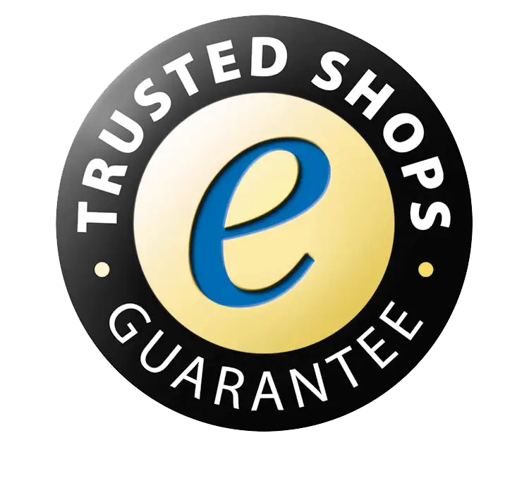 Schwarzes und goldenes rundes Logo mit einem stilisierten blauen Kleinbuchstaben ’e’ in der Mitte, umgeben vom Text ’trusted shops guarantee’ in Weiß.