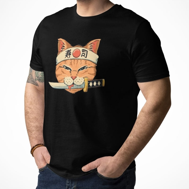 T-shirt Japonais Neko Sushi Katana