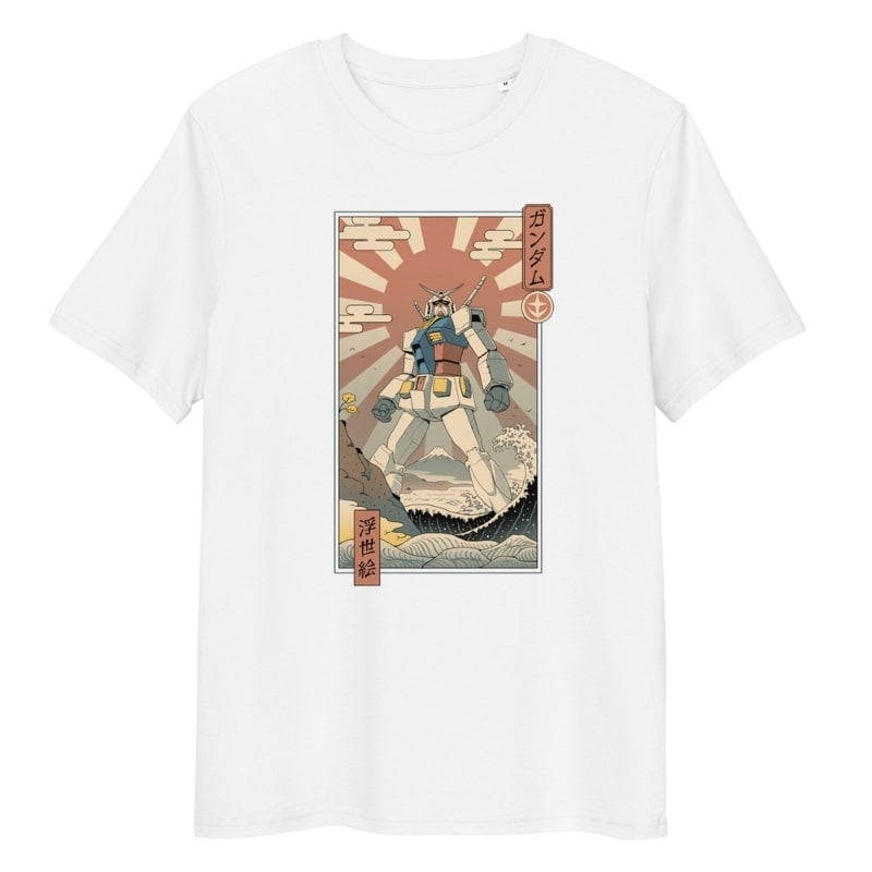 Japanisches Ukiyo-e T-Shirt Mecha &amp; Fuji - S / Weiß