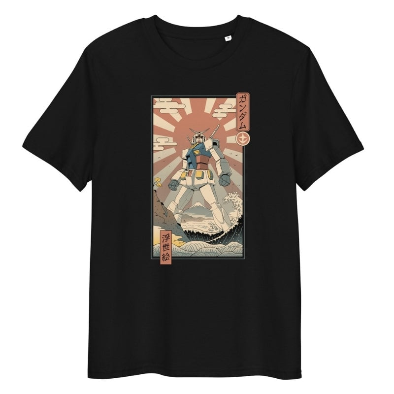 Japanisches Ukiyo-e T-Shirt Mecha &amp; Fuji - S / Schwarz