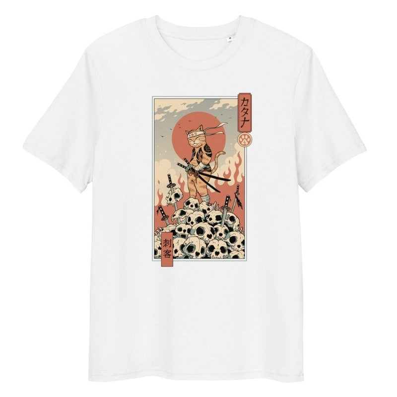 Japanisches Ukiyo-e Neko Assassin T-Shirt - S / Weiß