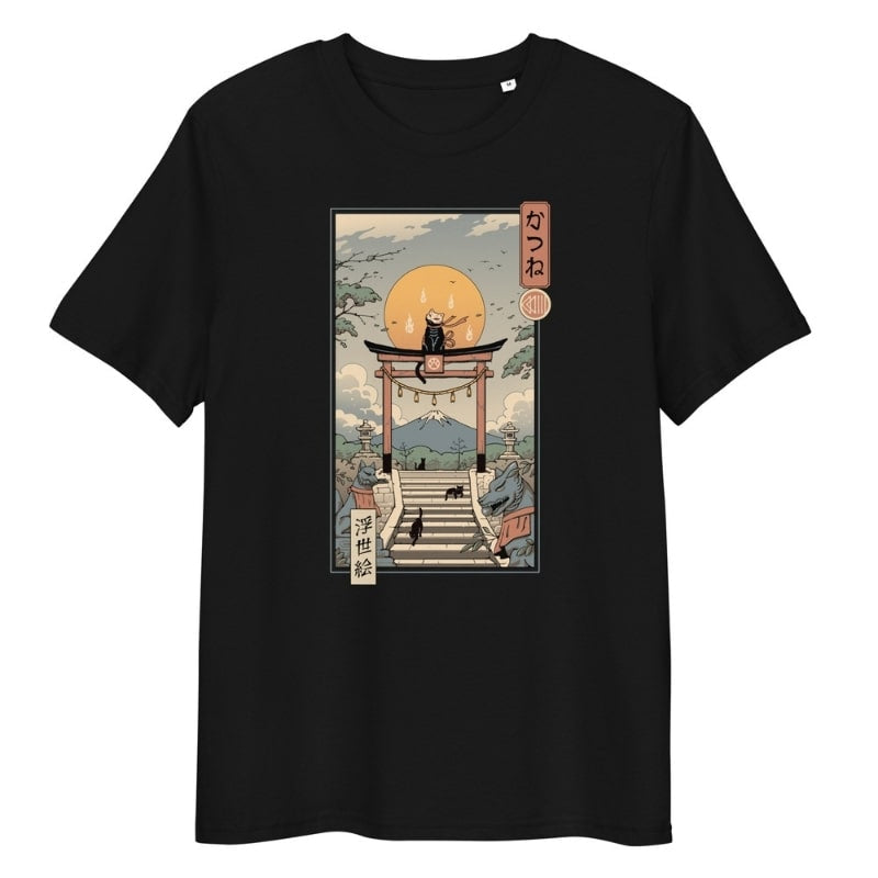 Japanisches T-Shirt Ukiyo-e Neko Inari - S / Schwarz