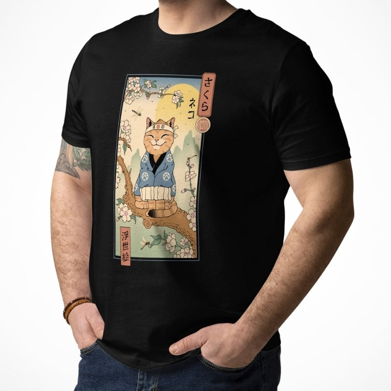 Japanisches Ukiyo-e Neko Sakura T-Shirt