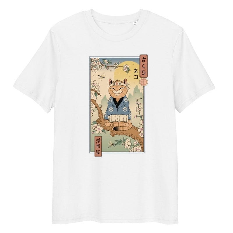 Japanisches Ukiyo-e Neko Sakura T-Shirt - S / Weiß