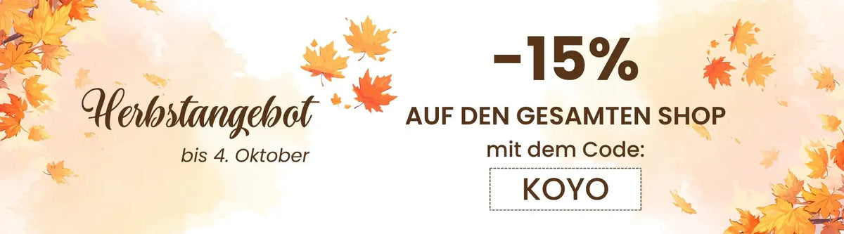 Werbebanner im Herbst-Thema mit orangefarbenen Ahornblättern und einem -15%-Rabattcode für den gesamten Shop.