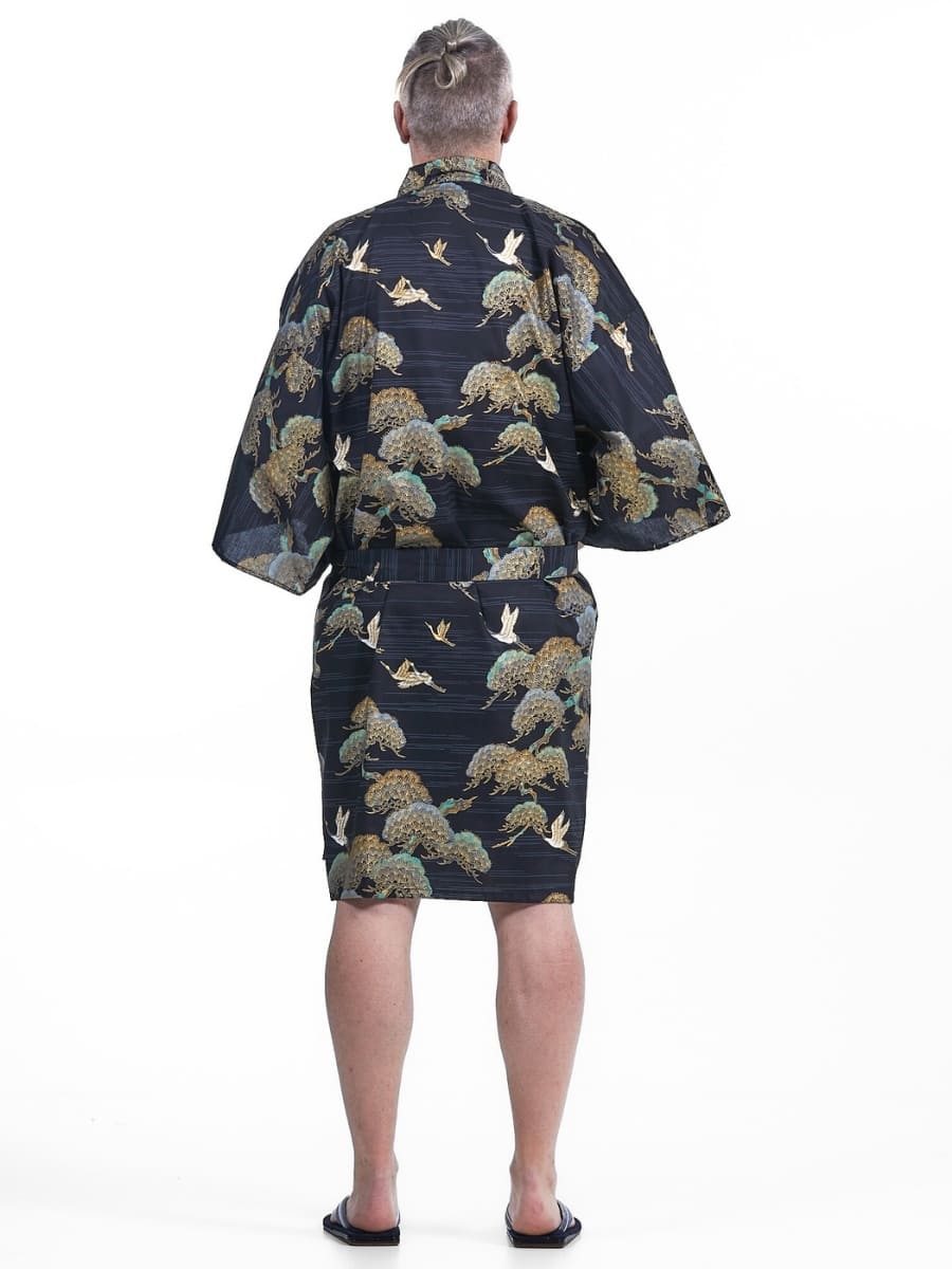 Yukata Kimono Männer - Happi Kranich & Kiefer Einheitsgröße
